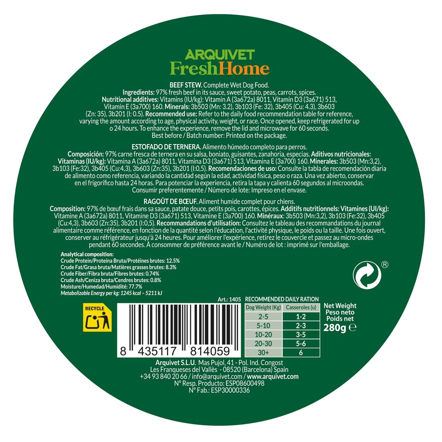 ARQUIVET FRESHHOME ESTOFADO TERNERA 280g