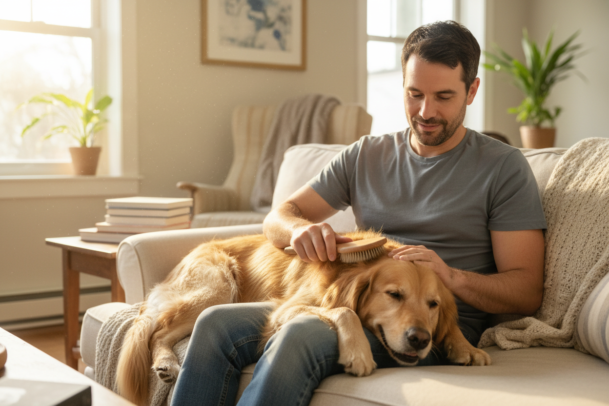 dueño peinando a su perro